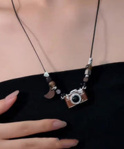 Retro Brown Copper Overgild Leather Resin Drip Glaze Camera Pendant Necklace