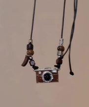 Retro Brown Copper Overgild Leather Resin Drip Glaze Camera Pendant Necklace