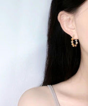 Retro Brown Copper Overgild Tiger's-Eye Broken Hoop Earrings