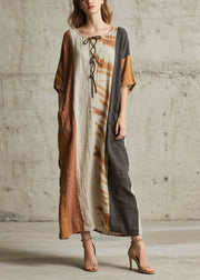 Retro Brown Oversized Patchwork Cotton Holiday Dress Summer