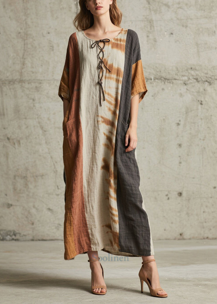 Retro Brown Oversized Patchwork Cotton Holiday Dress Summer