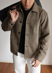 Retro Brown Peter Pan Collar Button Faux Suede Mens Jackets Winter