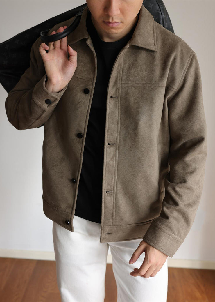 Retro Brown Peter Pan Collar Button Faux Suede Mens Jackets Winter