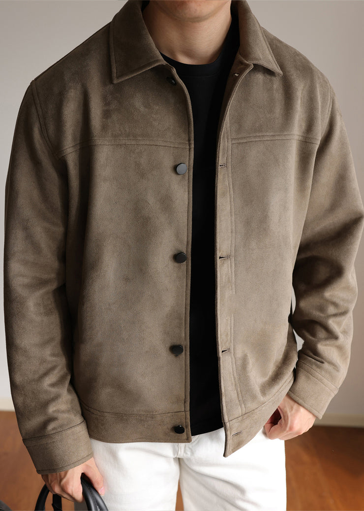 Retro Brown Peter Pan Collar Button Faux Suede Mens Jackets Winter