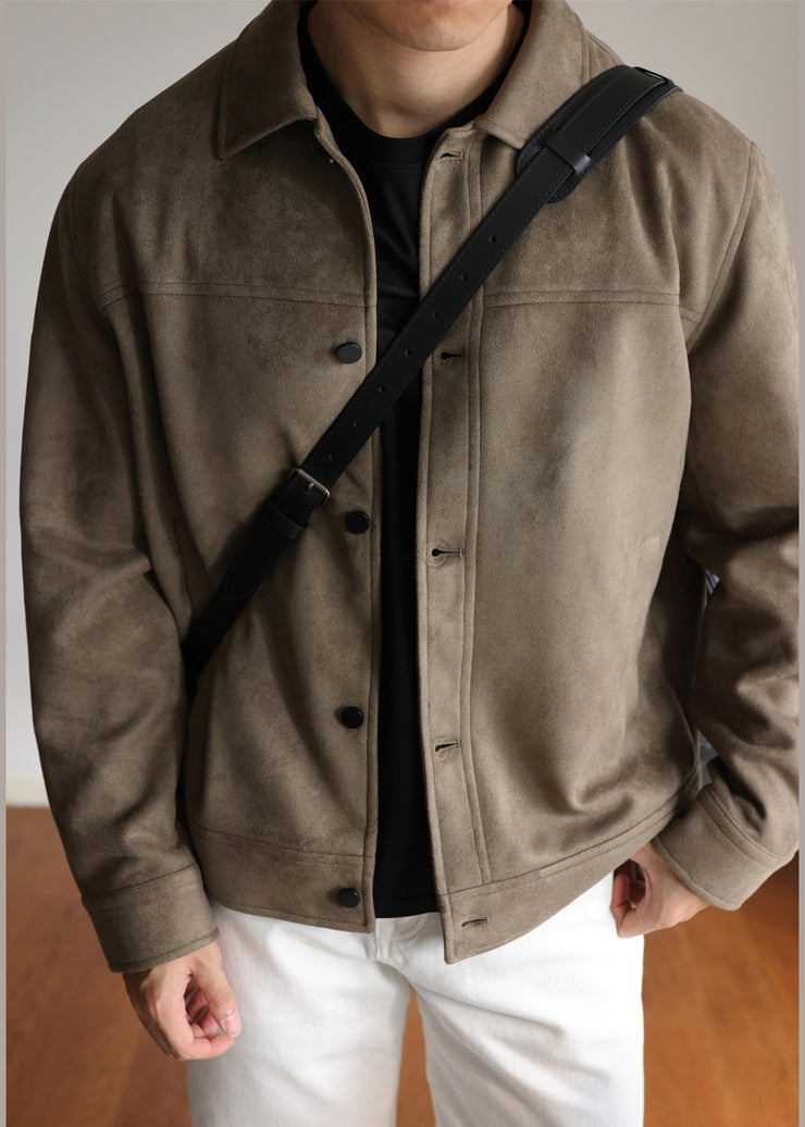 Retro Brown Peter Pan Collar Button Faux Suede Mens Jackets Winter