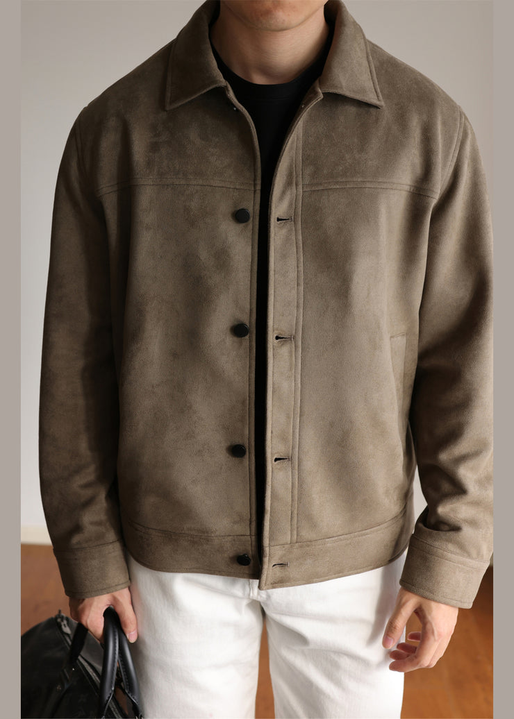 Retro Brown Peter Pan Collar Button Faux Suede Mens Jackets Winter