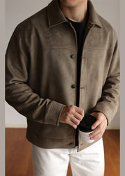 Retro Brown Peter Pan Collar Button Faux Suede Mens Jackets Winter