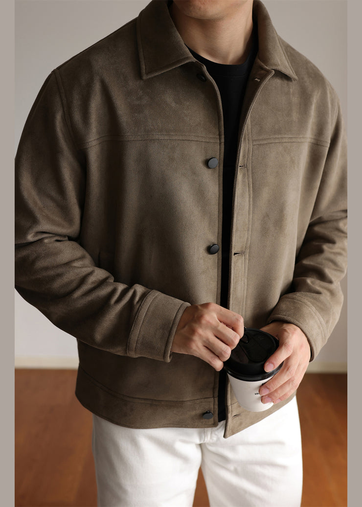 Retro Brown Peter Pan Collar Button Faux Suede Mens Jackets Winter