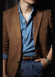 Retro Brown Peter Pan Collar Pockets Faux Suede Mens Coats Fall