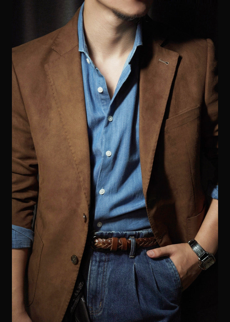 Retro Brown Peter Pan Collar Pockets Faux Suede Mens Coats Fall