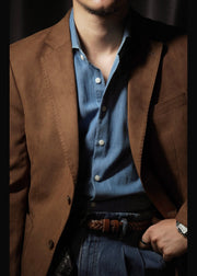 Retro Brown Peter Pan Collar Pockets Faux Suede Mens Coats Fall