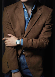 Retro Brown Peter Pan Collar Pockets Faux Suede Mens Coats Fall