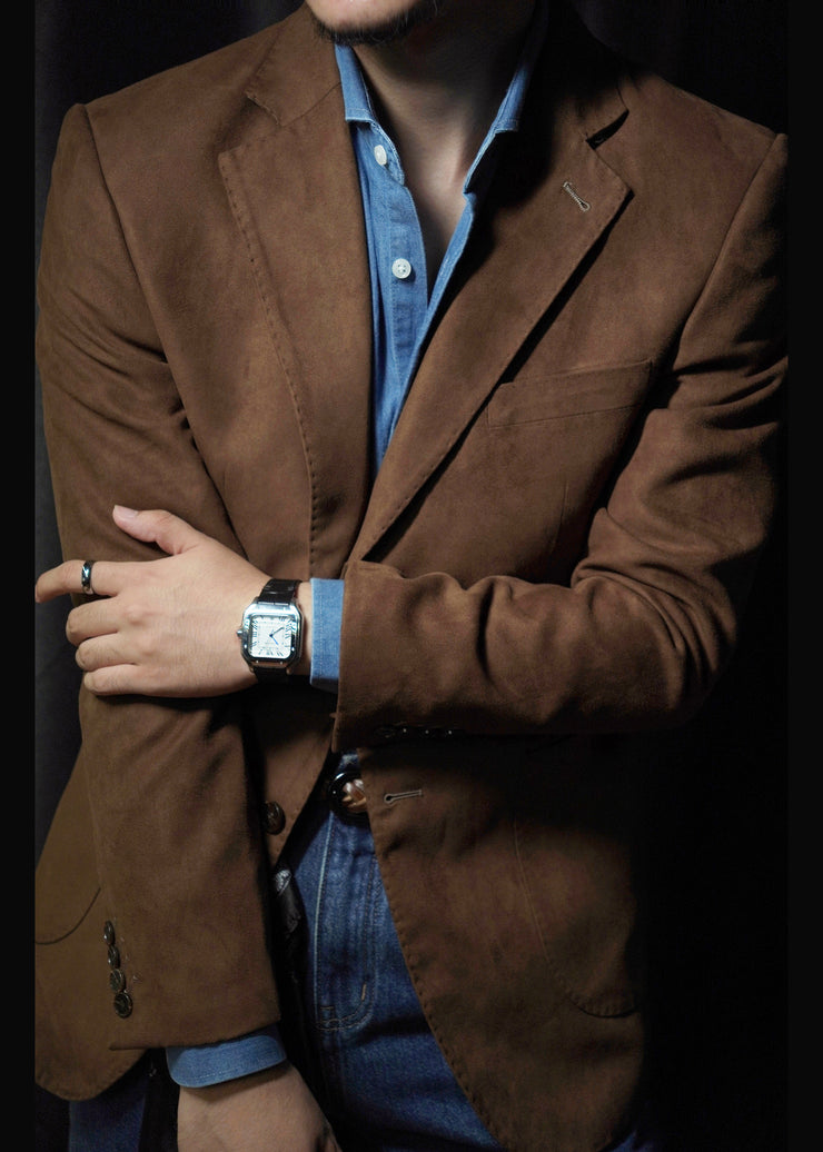Retro Brown Peter Pan Collar Pockets Faux Suede Mens Coats Fall