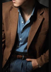 Retro Brown Peter Pan Collar Pockets Faux Suede Mens Coats Fall