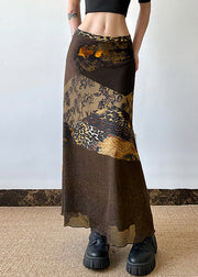 Retro Brown Print High Waist Patchwork Tulle Skirt Summer