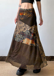 Retro Brown Print High Waist Patchwork Tulle Skirt Summer