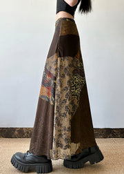 Retro Brown Print High Waist Patchwork Tulle Skirt Summer