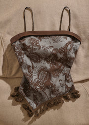 Retro Brown Slash Neck Print Patchwork Tank Sleeveless