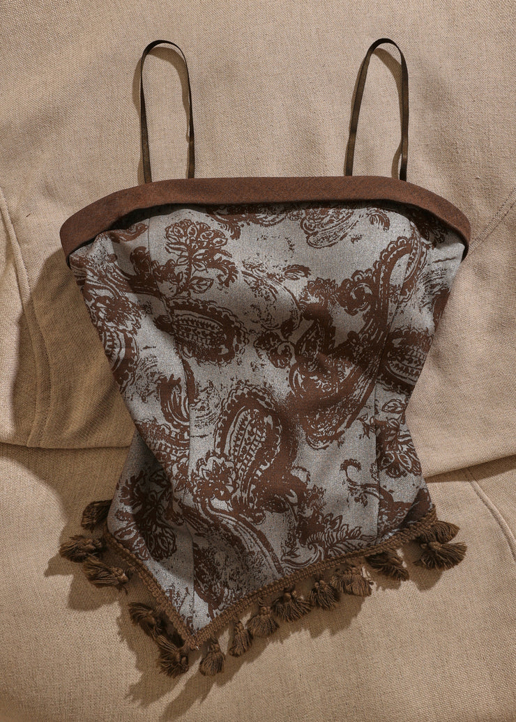 Retro Brown Slash Neck Print Patchwork Tank Sleeveless