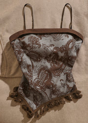 Retro Brown Slash Neck Print Patchwork Tank Sleeveless