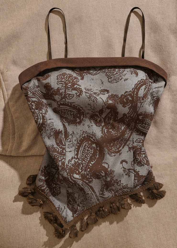 Retro Brown Slash Neck Print Patchwork Tank Sleeveless