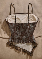 Retro Brown Slash Neck Print Patchwork Tank Sleeveless