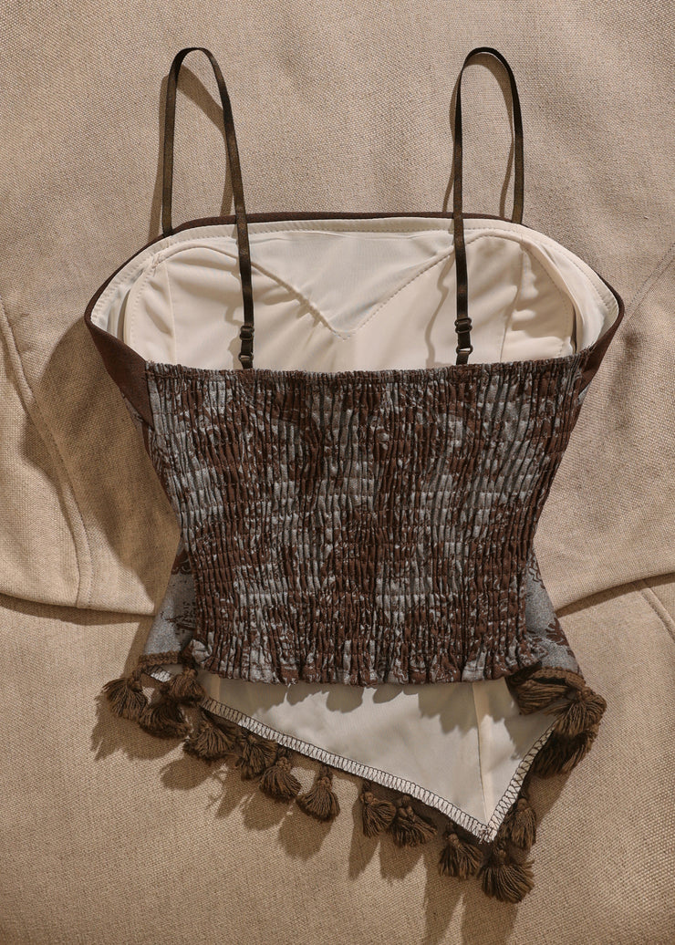 Retro Brown Slash Neck Print Patchwork Tank Sleeveless