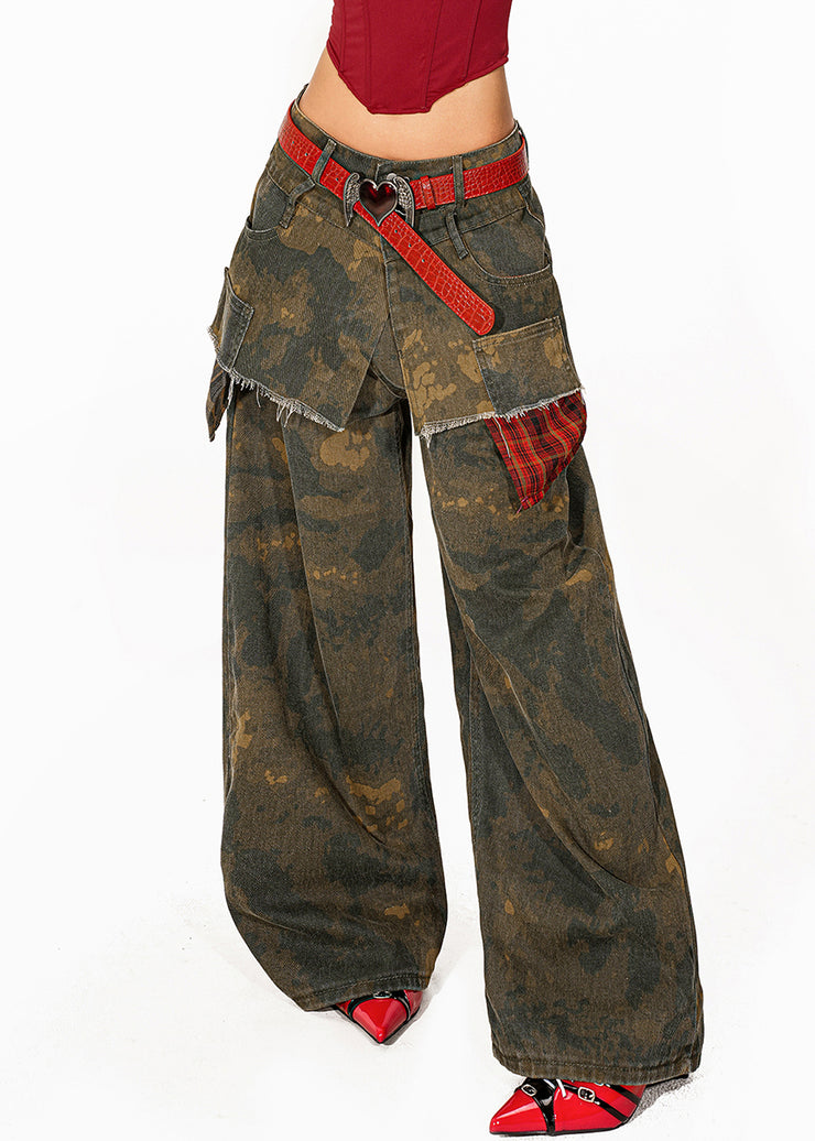 Retro Camouflage Green Tie Dye Pockets Denim Wide Leg Pants