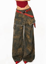 Retro Camouflage Green Tie Dye Pockets Denim Wide Leg Pants