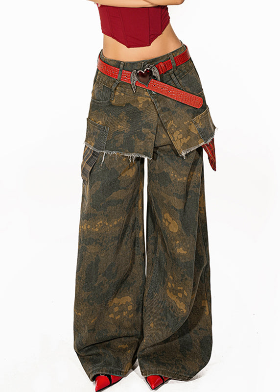 Retro Camouflage Green Tie Dye Pockets Denim Wide Leg Pants