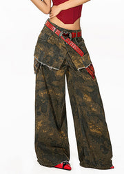 Retro Camouflage Green Tie Dye Pockets Denim Wide Leg Pants