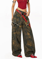 Retro Camouflage Green Tie Dye Pockets Denim Wide Leg Pants