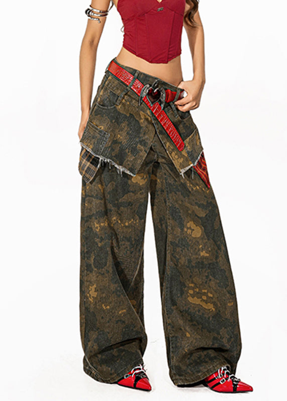 Retro Camouflage Green Tie Dye Pockets Denim Wide Leg Pants