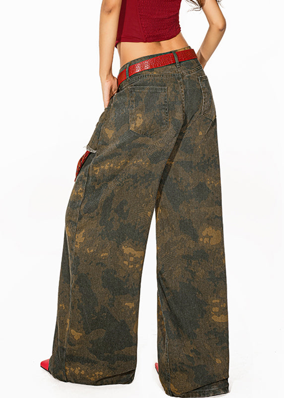 Retro Camouflage Green Tie Dye Pockets Denim Wide Leg Pants