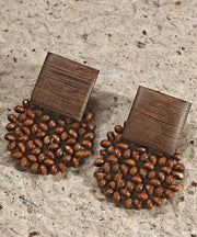 Retro Chocolate Wood Weaving Stud Earrings