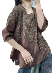 Retro Coffee O Neck Print Patchwork Linen Tops Half Sleeve