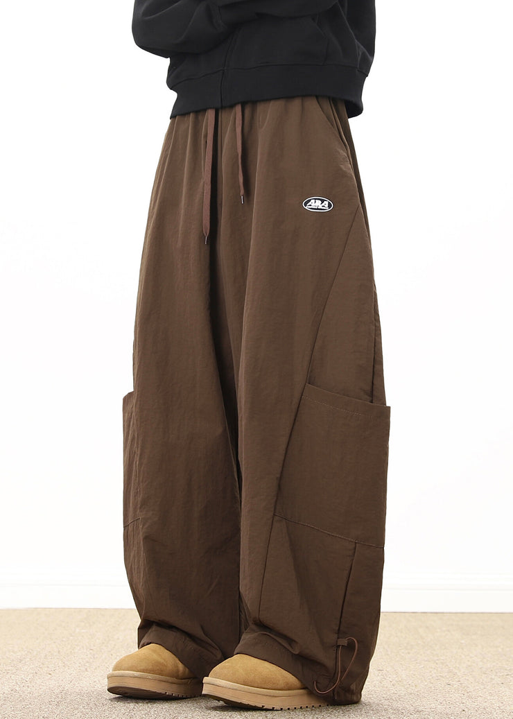 Retro Coffee Pockets Drawstring Elastic Waist Cotton Mens Wide Leg Pants Spring