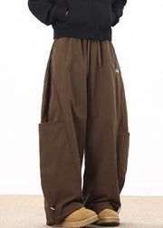 Retro Coffee Pockets Drawstring Elastic Waist Cotton Mens Wide Leg Pants Spring