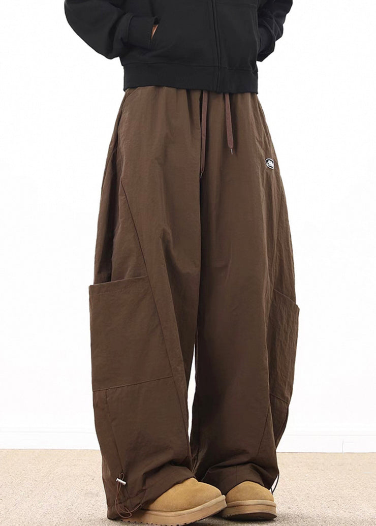 Retro Coffee Pockets Drawstring Elastic Waist Cotton Mens Wide Leg Pants Spring