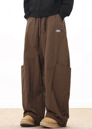 Retro Coffee Pockets Drawstring Elastic Waist Cotton Mens Wide Leg Pants Spring
