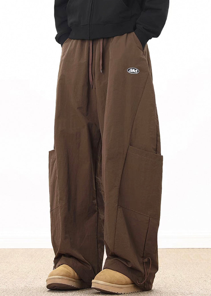 Retro Coffee Pockets Drawstring Elastic Waist Cotton Mens Wide Leg Pants Spring