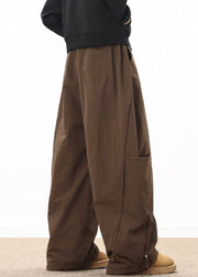 Retro Coffee Pockets Drawstring Elastic Waist Cotton Mens Wide Leg Pants Spring