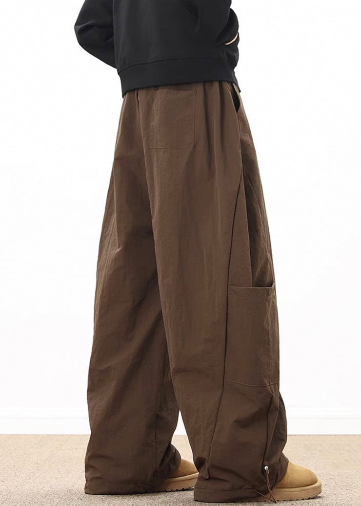 Retro Coffee Pockets Drawstring Elastic Waist Cotton Mens Wide Leg Pants Spring