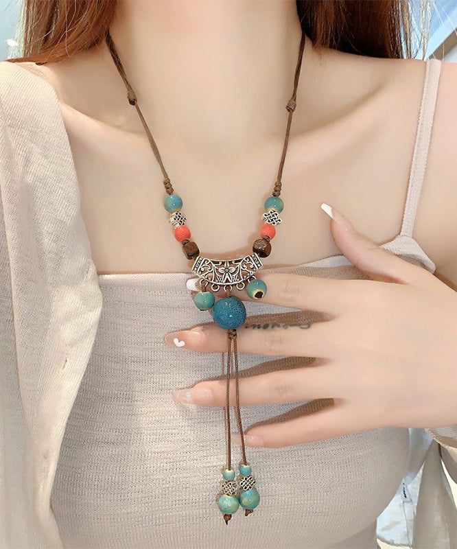 Retro Coffee Weave Alloy Ceramic Bead Hollow Out Pendant Necklace