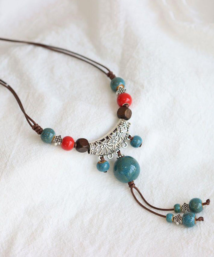 Retro Coffee Weave Alloy Ceramic Bead Hollow Out Pendant Necklace
