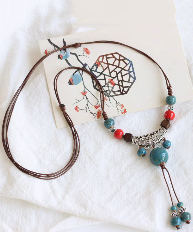 Retro Coffee Weave Alloy Ceramic Bead Hollow Out Pendant Necklace