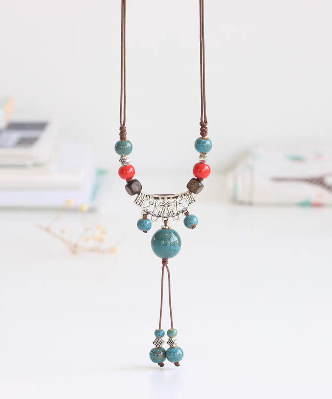 Retro Coffee Weave Alloy Ceramic Bead Hollow Out Pendant Necklace