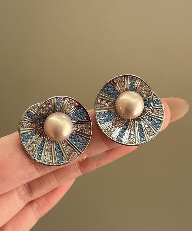 Retro Colorblock Copper Overgild Zircon Pearl Shell Stud Earrings
