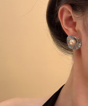 Retro Colorblock Copper Overgild Zircon Pearl Shell Stud Earrings