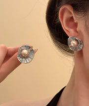 Retro Colorblock Copper Overgild Zircon Pearl Shell Stud Earrings